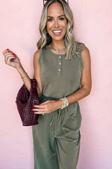 Vineyard Green Buttoned Drawstring Waist Sleeveless Wide Leg Jumpsuit Jumpsuits & Rompers JT's Designer Fashion