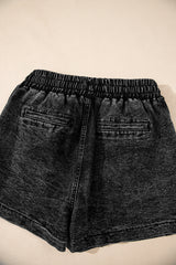 Black Drawstring High Waist Pocketed Denim Shorts Denim Shorts JT's Designer Fashion