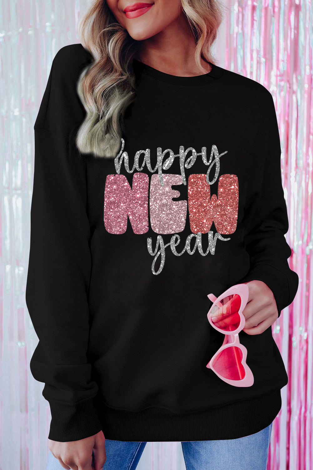 Black Glistening Happy New Year Graphic Sweatshirt Black 70%Polyester+30%Cotton Graphic Sweatshirts JT's Designer Fashion