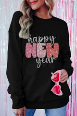 Black Glistening Happy New Year Graphic Sweatshirt Black 70%Polyester+30%Cotton Graphic Sweatshirts JT's Designer Fashion