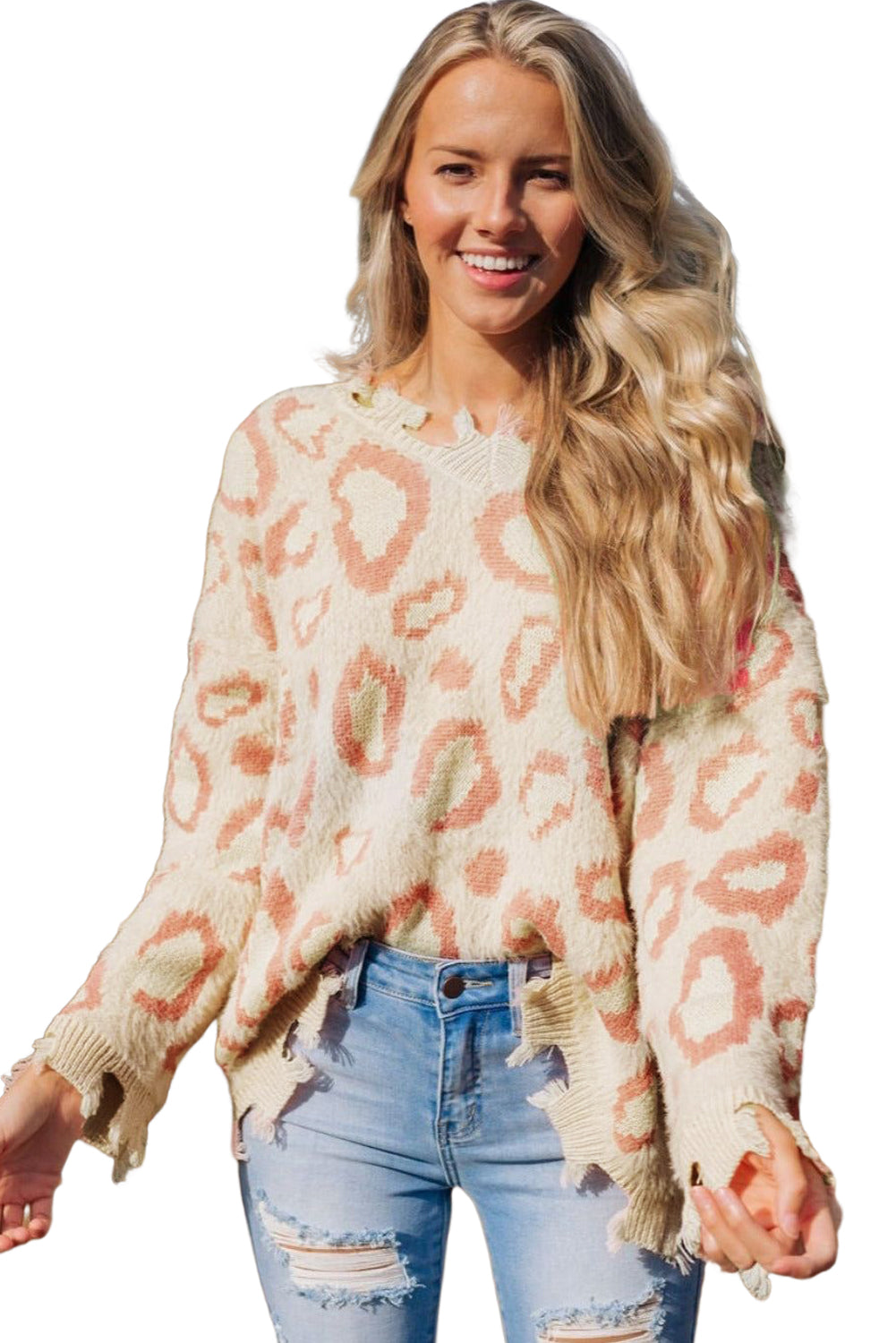 Leopard Animal Print Distressed Trim Fuzzy Sweater Sweaters & Cardigans JT's Designer Fashion