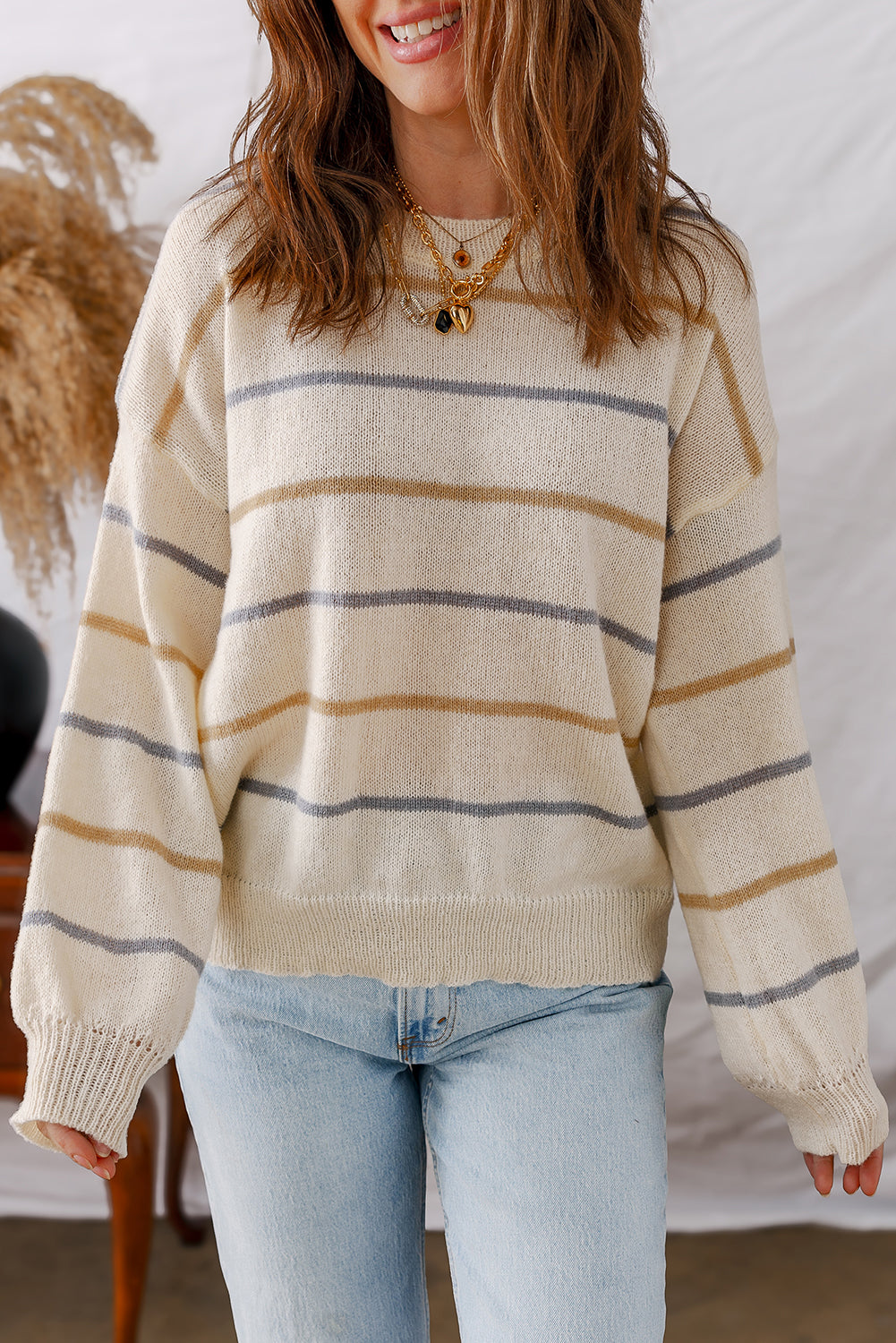 Multicolour Striped Ribbed Edge Drop Shoulder Sweater Sweaters JT's Designer Fashion