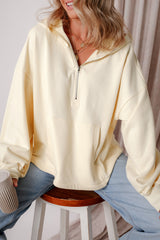 Beige Fleece Lined Half Zipper Kangaroo Pockets Loose Hoodie Sweatshirts & Hoodies JT's Designer Fashion