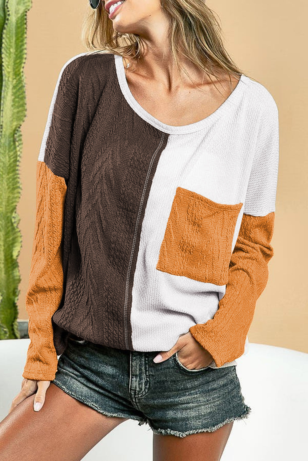 Brown Color Block Patchwork Chest Pocket Long Sleeve Top Long Sleeve Tops JT's Designer Fashion