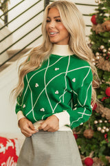 Dark Green Diamond Pattern Pom Accents Contrast Trim High Neck Sweater Sweaters JT's Designer Fashion