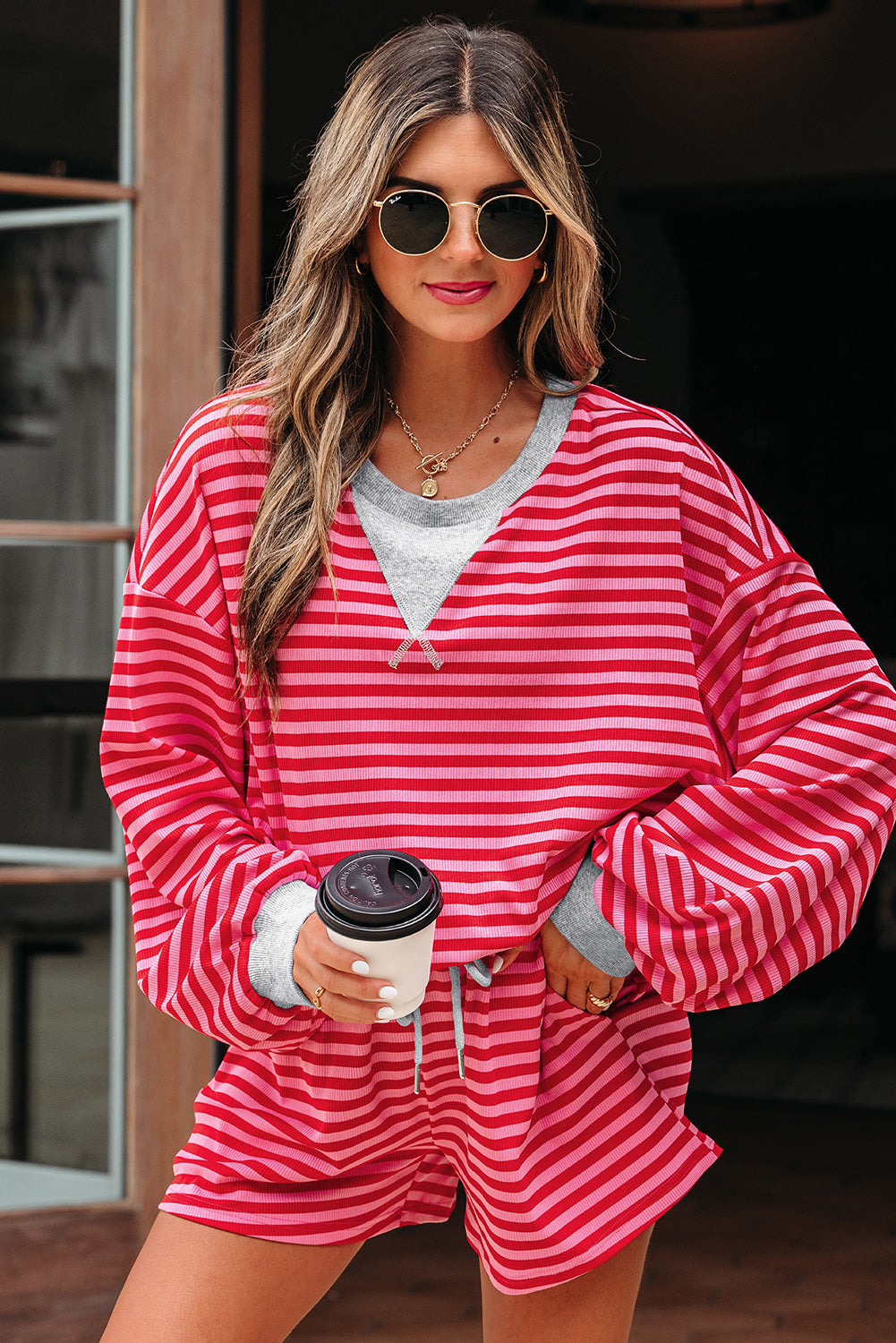 Red Stripe Drop Shoulder Baggy Pullover and Shorts Casual Set Red Stripe 94%Polyester+6%Elastane Short Sets JT's Designer Fashion