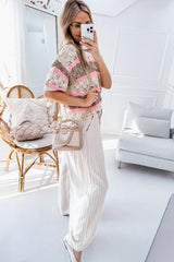 Brown Stripe Color Block Hollow Out Crochet Half Sleeve Sweater Sweaters & Cardigans JT's Designer Fashion