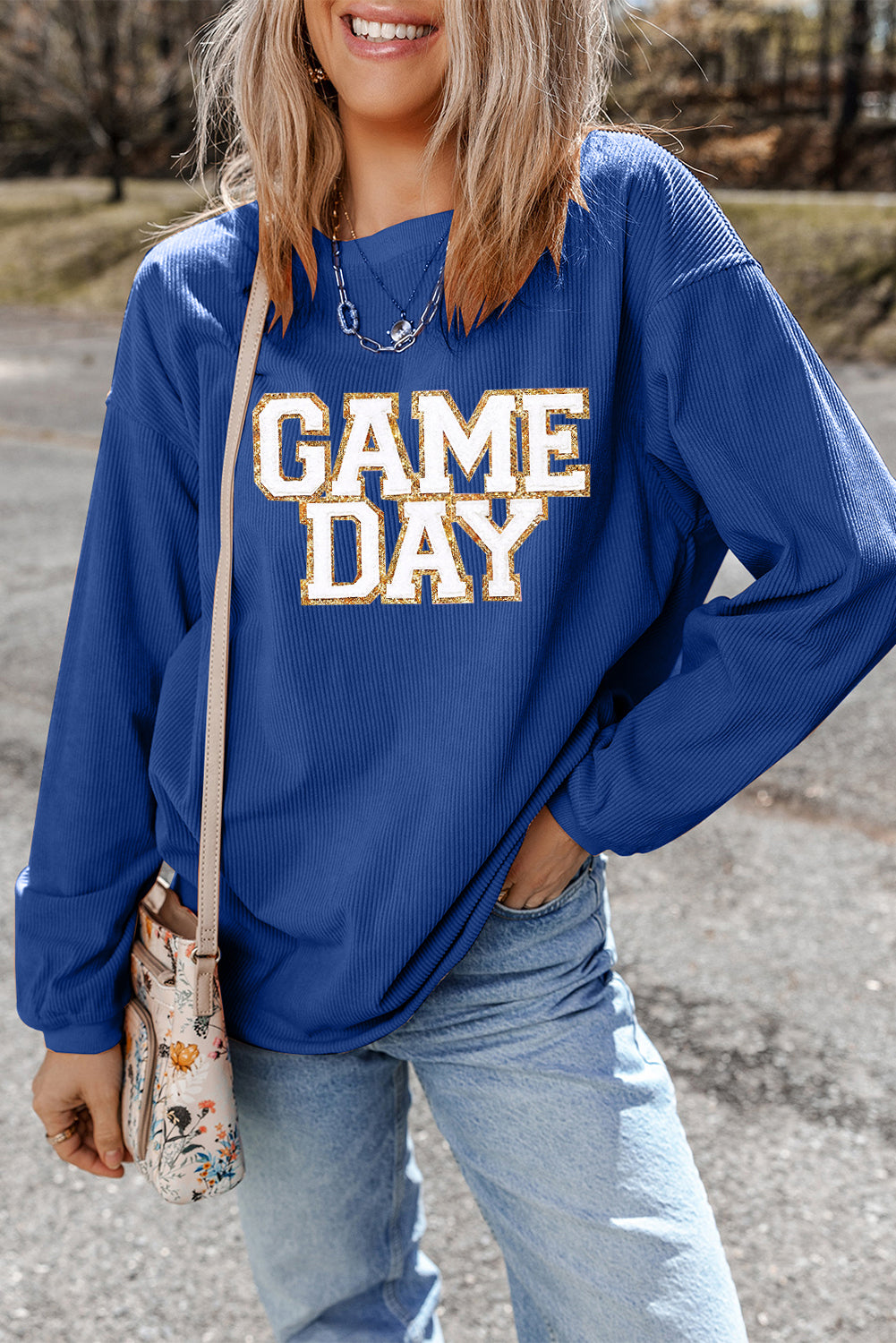 Dark Blue GAME DAY Glitter Detail Ribbed Drop Shoulder Sweatshirt Graphic Sweatshirts JT's Designer Fashion