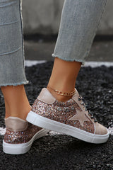 Gold Star Sequin Patchwork Leopard Lace-up Shoes Women's Shoes JT's Designer Fashion