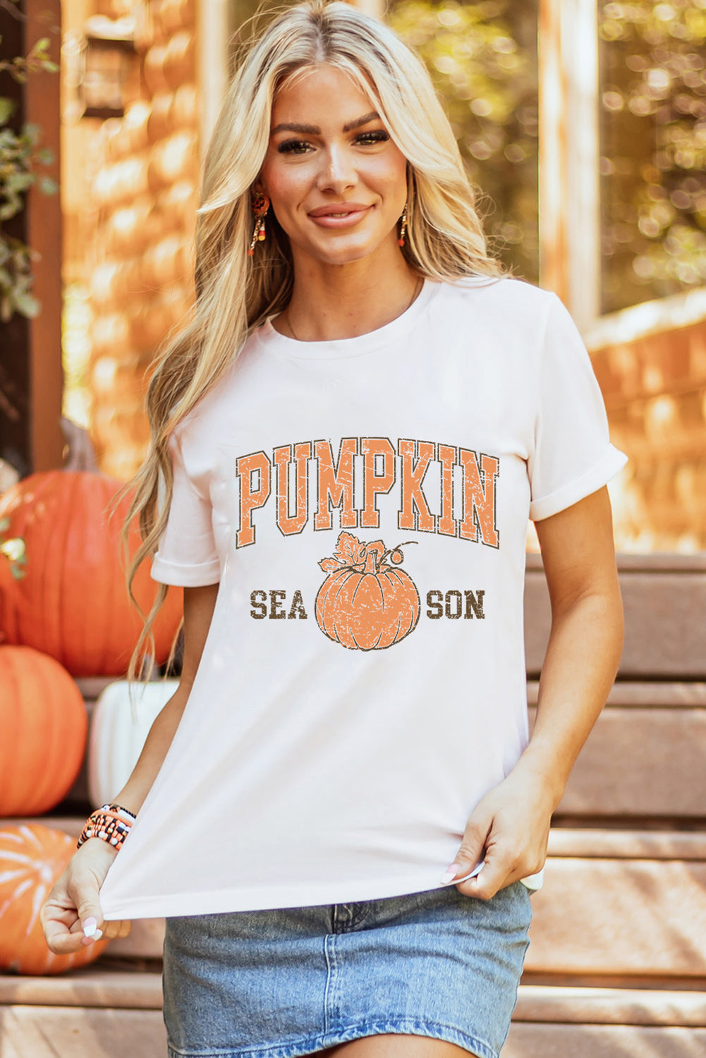 White PUMPKIN SEASON Cracking Printed Cotton Blend T Shirt Graphic Tees JT's Designer Fashion