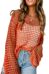 Orange Open Knit Crochet Bell Sleeve Tunic Sweater Sweaters & Cardigans JT's Designer Fashion