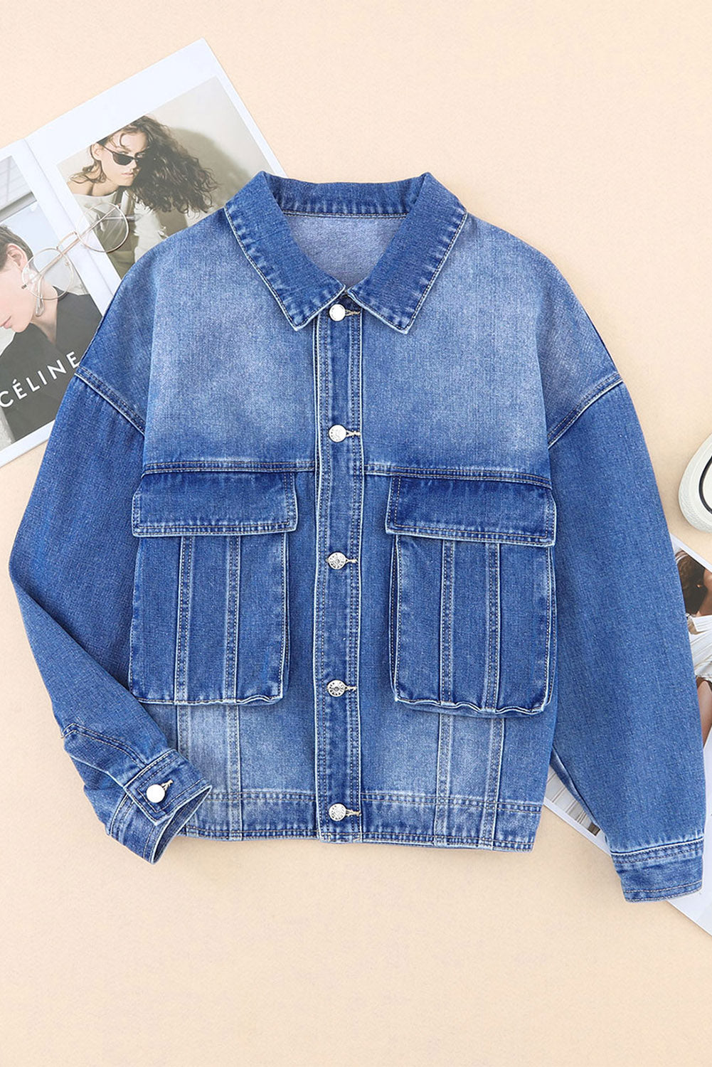 Blue Chest Pockets Drop Shoulder Loose Denim Jacket Denim Jackets JT's Designer Fashion