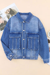 Blue Chest Pockets Drop Shoulder Loose Denim Jacket Denim Jackets JT's Designer Fashion