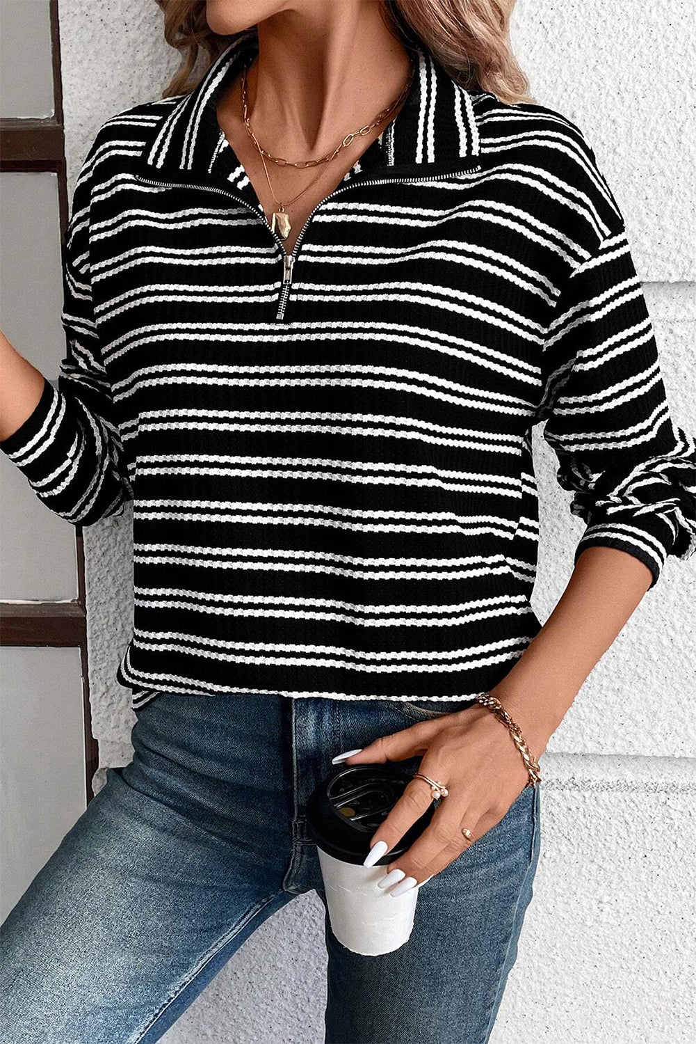 Black Stripe Textured Quarter Zip Collar Long Sleeve Top Long Sleeve Tops JT's Designer Fashion