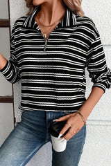 Black Stripe Textured Quarter Zip Collar Long Sleeve Top Long Sleeve Tops JT's Designer Fashion