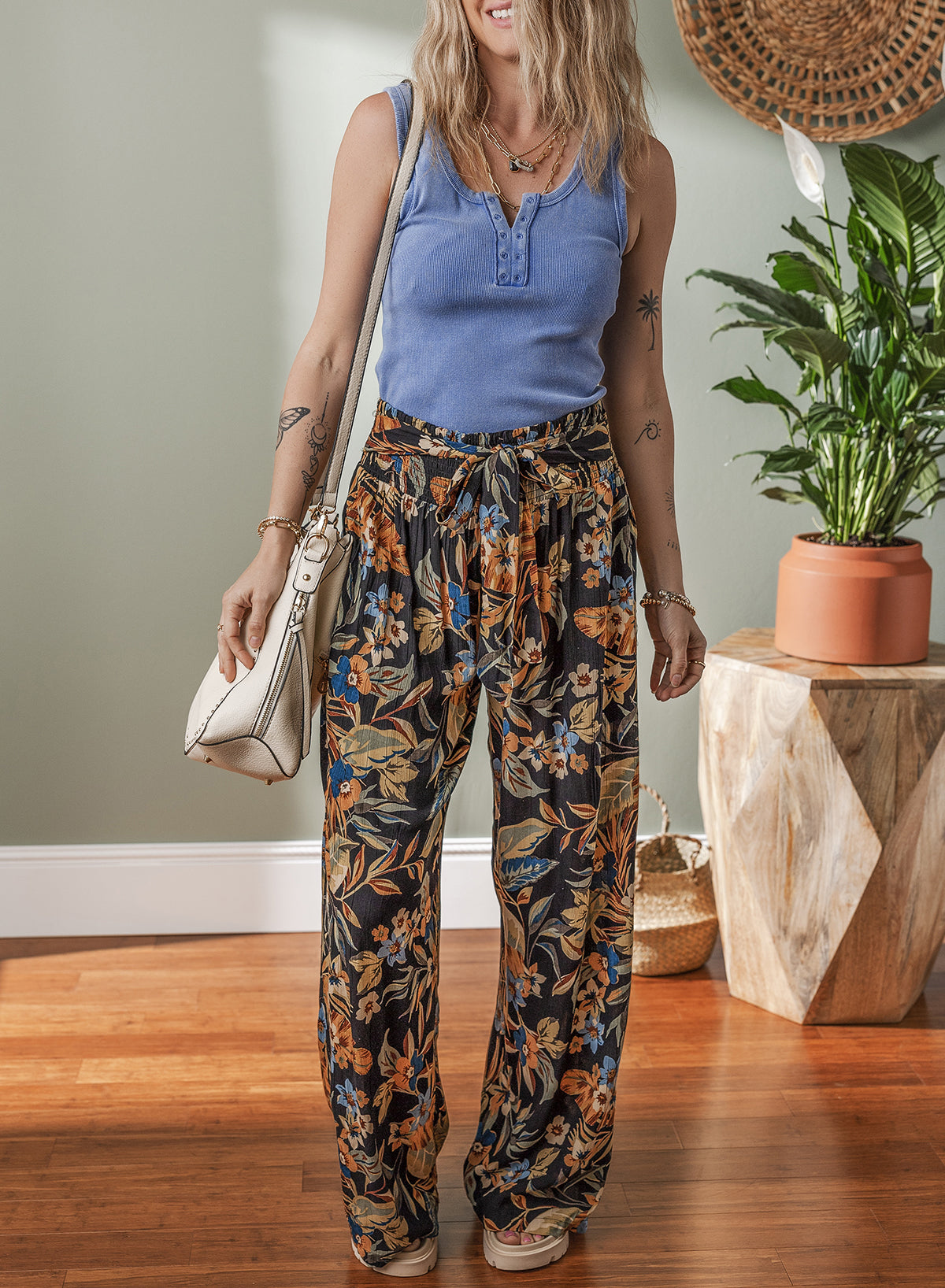 Multicolour Floral Shirred High Waist Wide Leg Pants with Tie Pants & Culotte JT's Designer Fashion