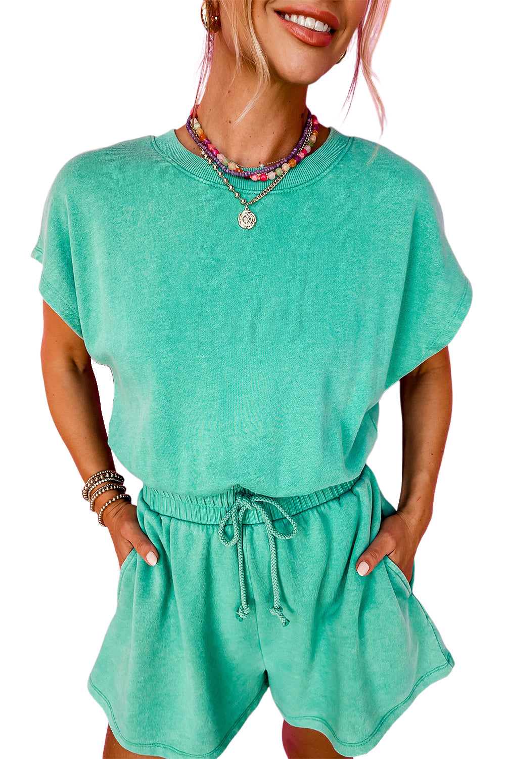 Sea Green Mineral Wash Drawstring Waist Hollow Out Back Short Sleeve Romper Bottoms JT's Designer Fashion