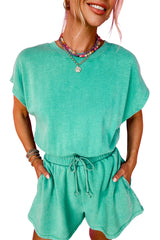 Sea Green Mineral Wash Drawstring Waist Hollow Out Back Short Sleeve Romper Bottoms JT's Designer Fashion