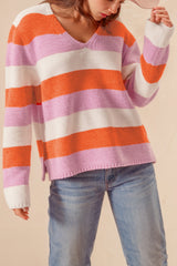 Orange Stripe Colorblock V Neck Casual Sweater Sweaters JT's Designer Fashion