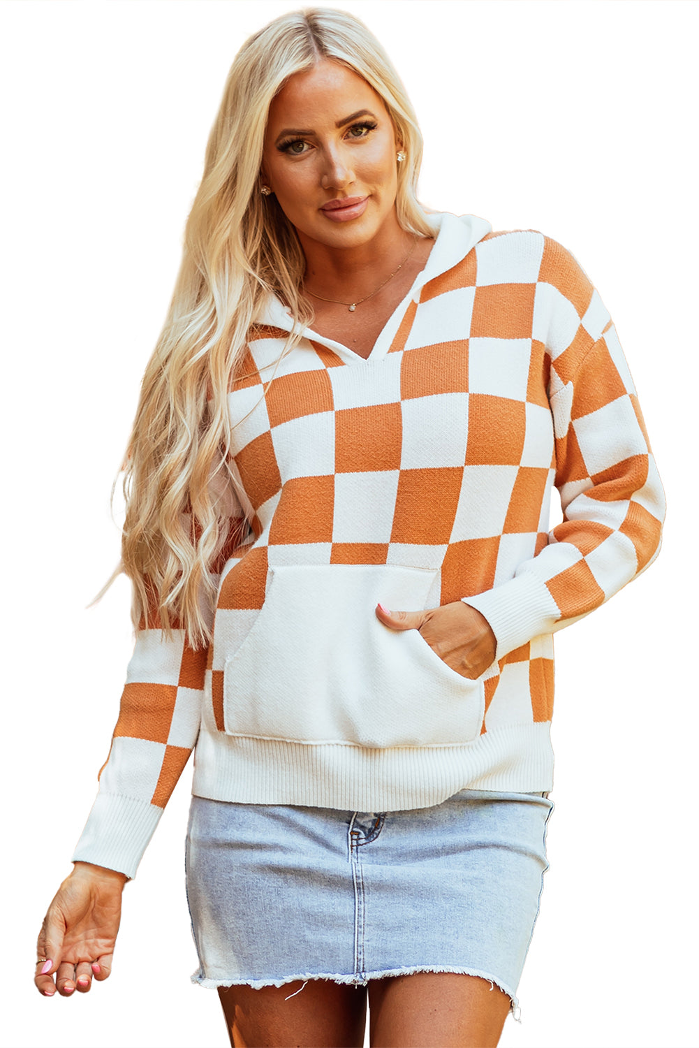 Gold Flame Checkered Split Neck Contrast Kangaroo Pocket Hooded Sweater Sweaters JT's Designer Fashion