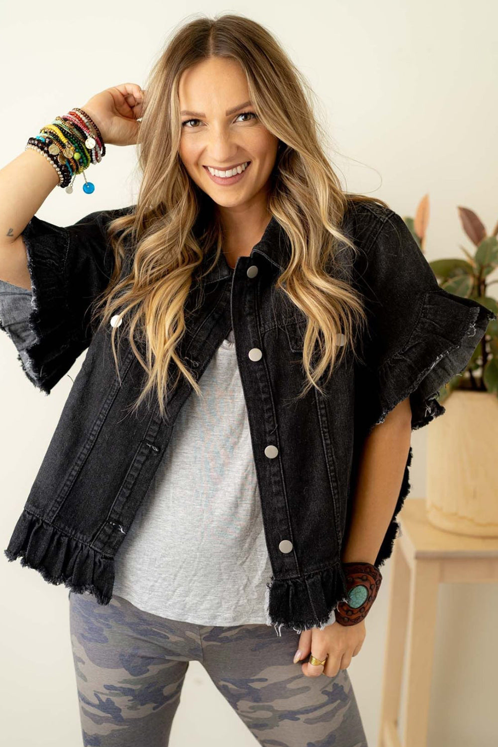 Black Raw Edge Ruffled Short Sleeve Denim Jacket Denim Jackets JT's Designer Fashion