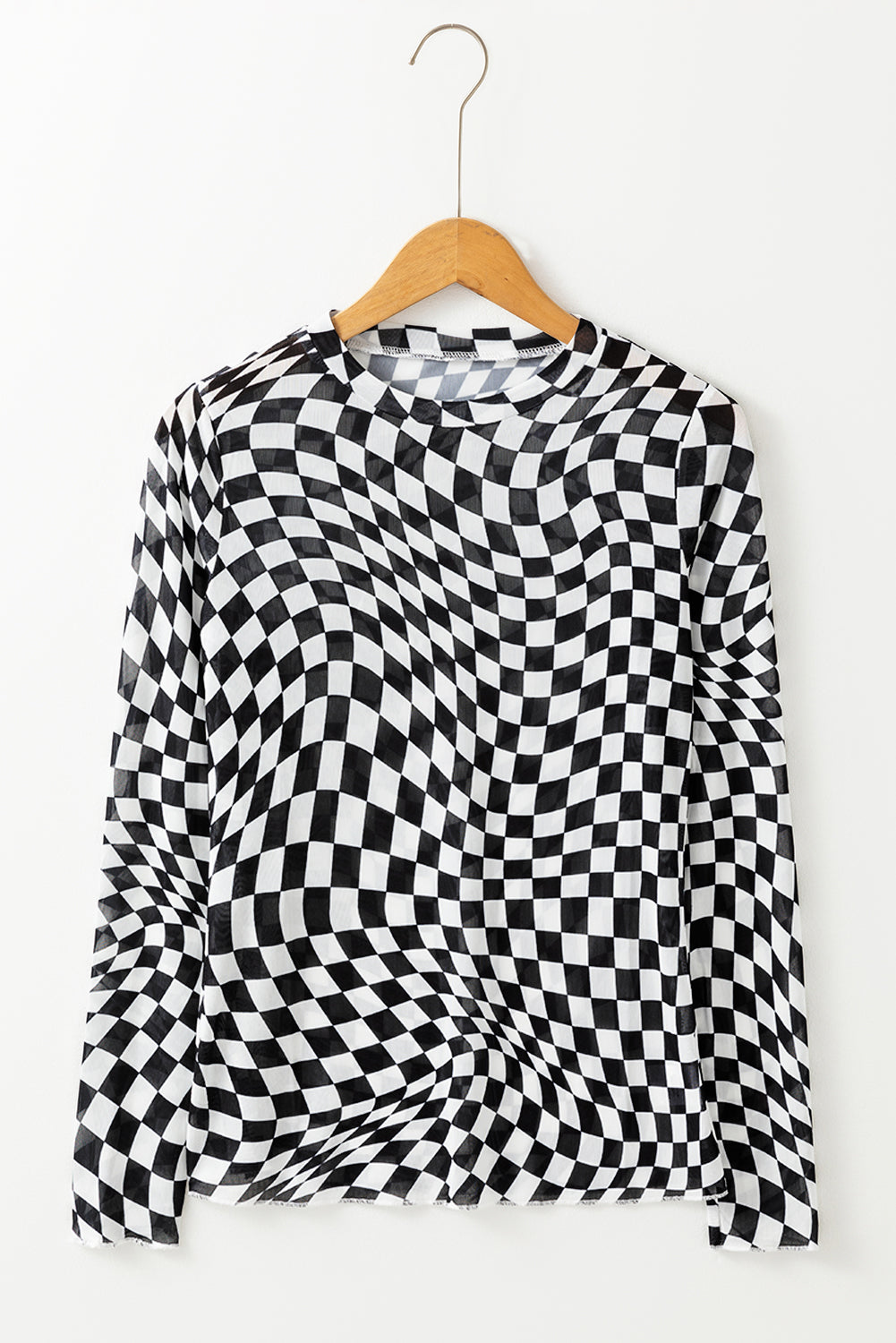 Black Checkered Pattern Mesh Mock Neck Long Sleeve Top Long Sleeve Tops JT's Designer Fashion