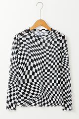 Black Checkered Pattern Mesh Mock Neck Long Sleeve Top Long Sleeve Tops JT's Designer Fashion