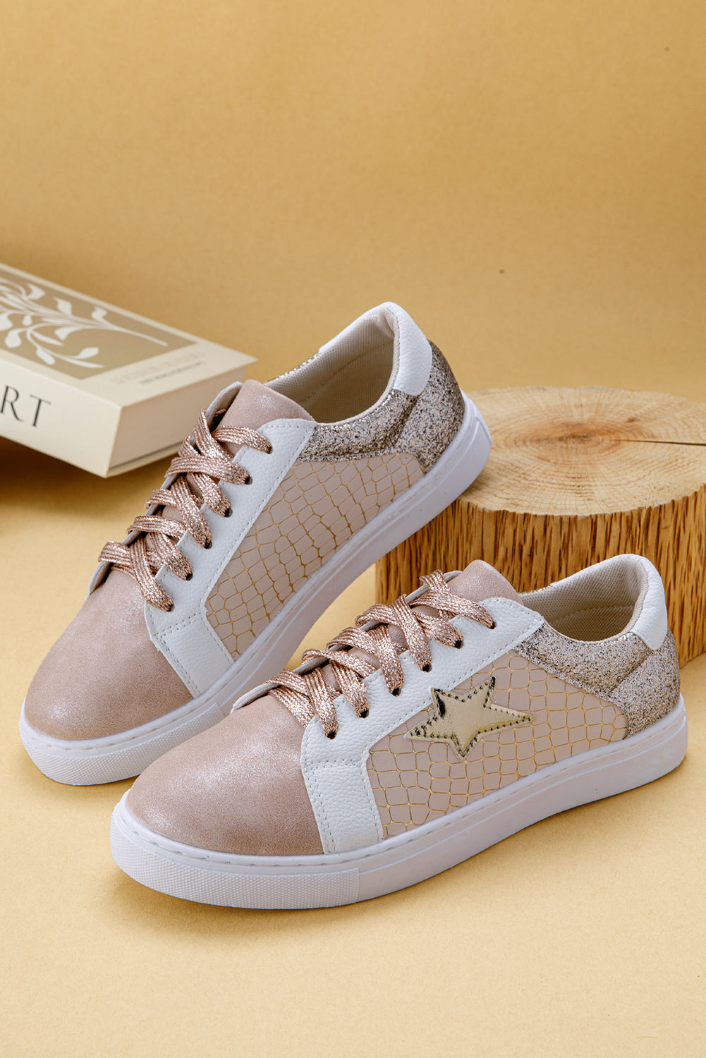 Gold Glitter Star Patchwork Leather Lace-up Sneakers Women's Shoes JT's Designer Fashion