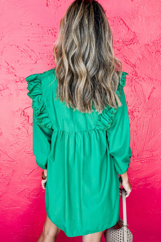 Bright Green Embroidered Ruffled Trim 3/4 Sleeve V Neck Mini Dress Mini Dresses JT's Designer Fashion