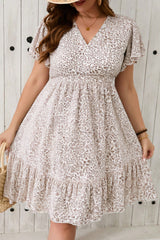White Floral V Neck Ruffled Short Sleeve Plus Size Dress White Plus Size Mini Dresses JT's Designer Fashion