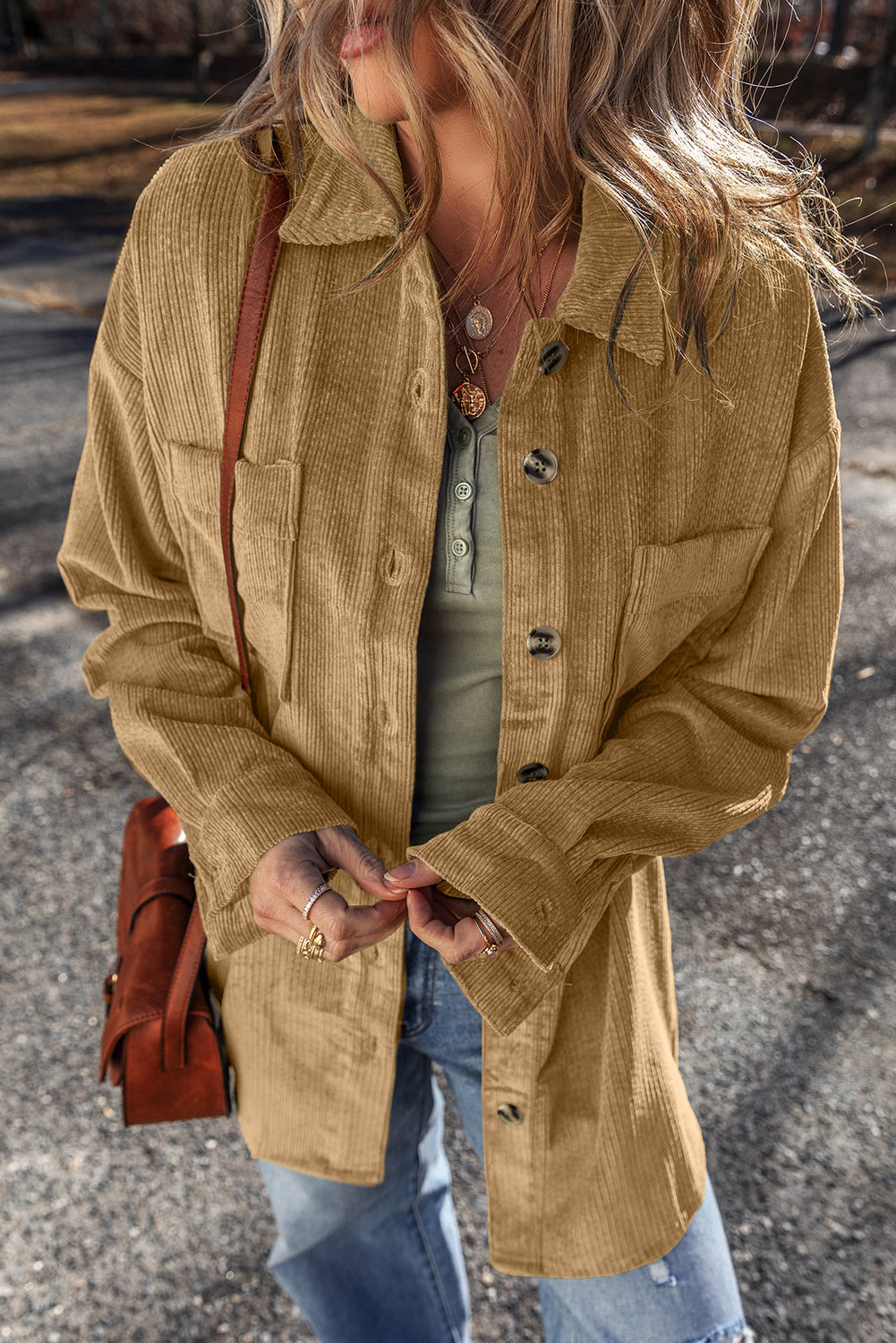 Light French Beige Patched Pocket Button Up Corduroy Shacket Jackets JT's Designer Fashion