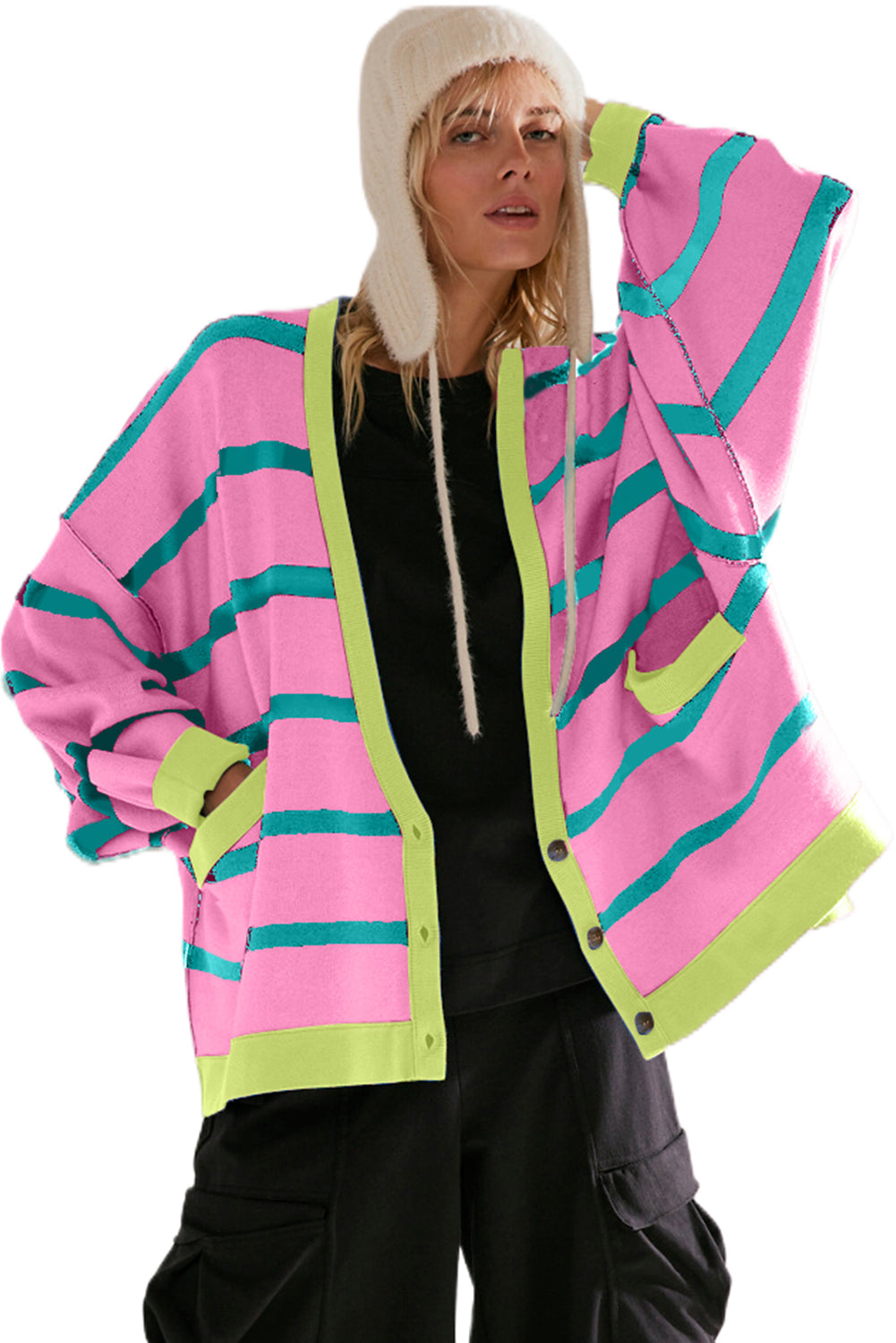 Pink Stripe Colorblock Drop Shoulder Buttoned Loose Cardigan Cardigans JT's Designer Fashion