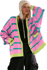 Pink Stripe Colorblock Drop Shoulder Buttoned Loose Cardigan Cardigans JT's Designer Fashion