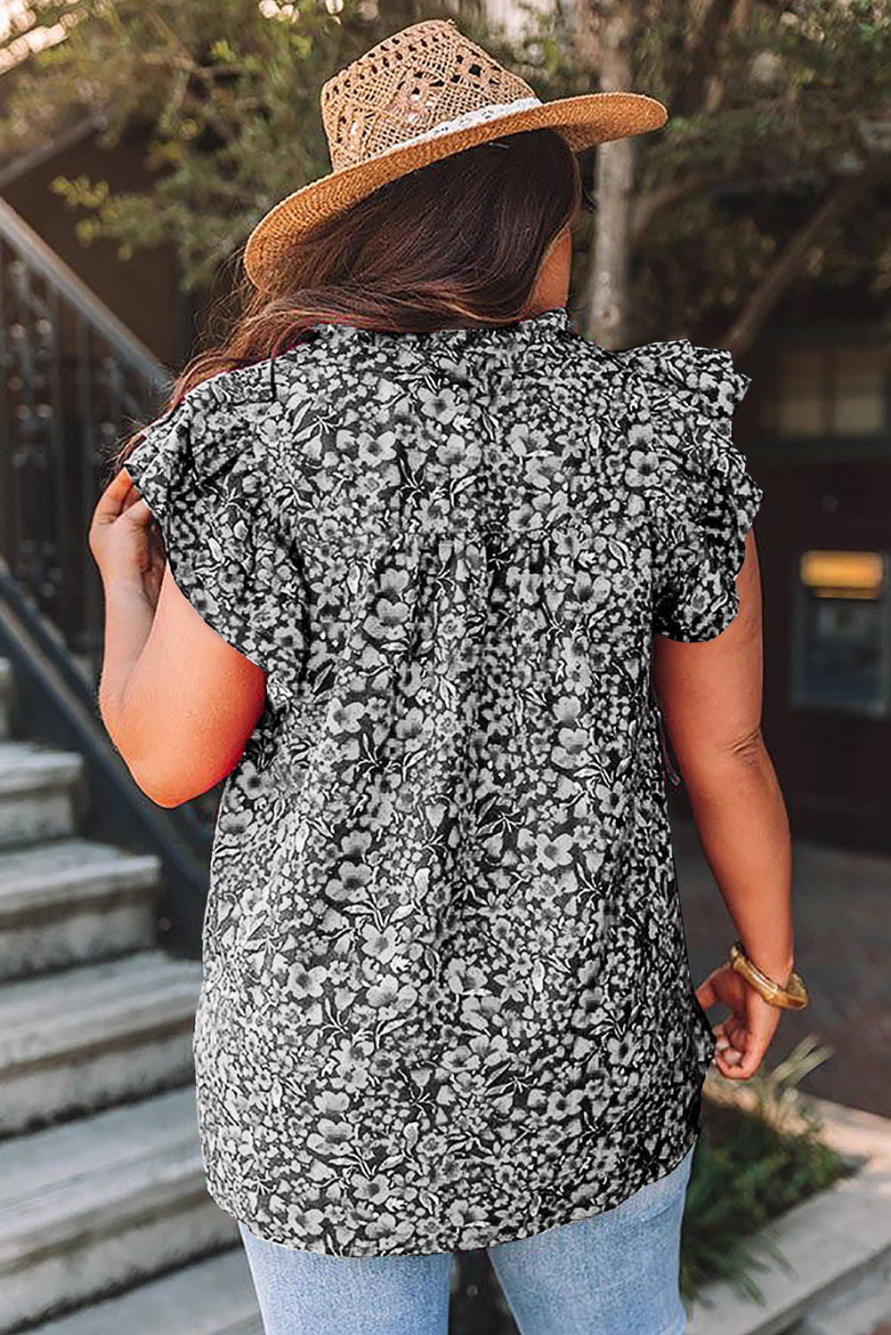 Black Rose Floral Print Ruffle Sleeve Plus Size Shift Top Plus Size Blouses & Shirts JT's Designer Fashion