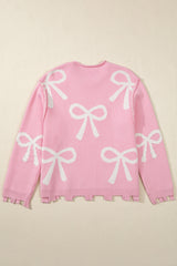 Pink Pearl Beaded Bowknot Pattern Distressed Split Hem Sweater Sweaters JT's Designer Fashion