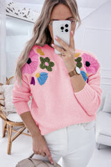 Pink Knitted Flower Pattern Ribbed Edge Sweater Sweaters JT's Designer Fashion
