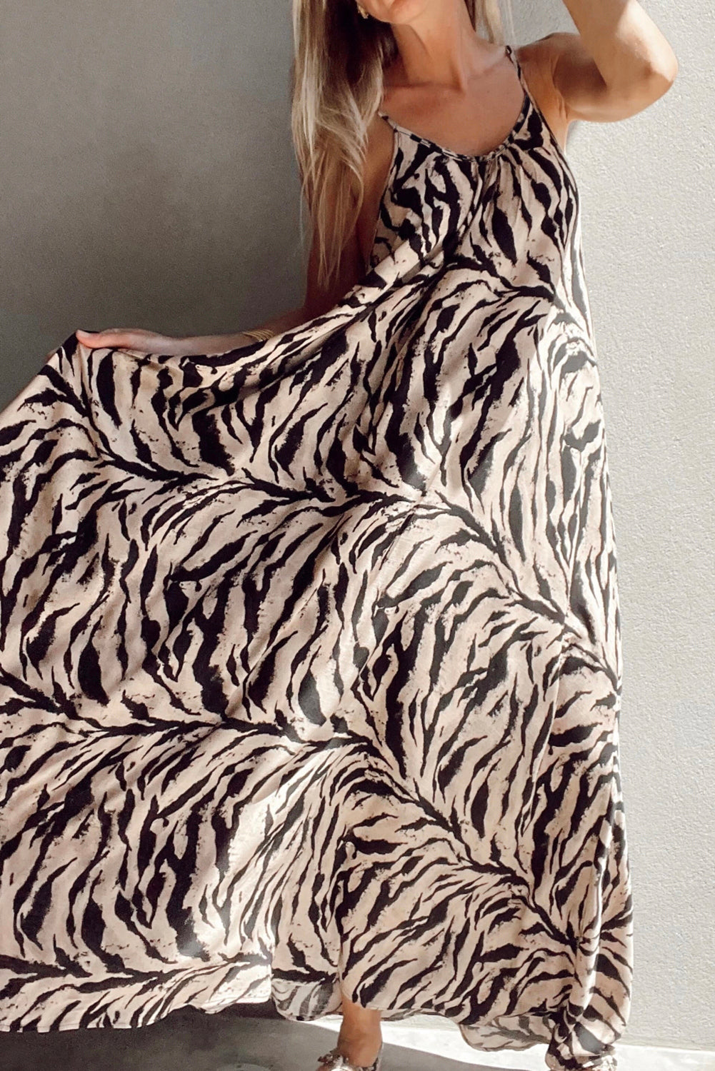 Black Abstract Print Open Back Boho Loose Long Sundress Black 100%Polyester Maxi Dresses JT's Designer Fashion