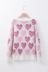 Pink Heart Leopard Print Pearled Ribbed Trim Fuzzy Sweater Sweaters JT's Designer Fashion
