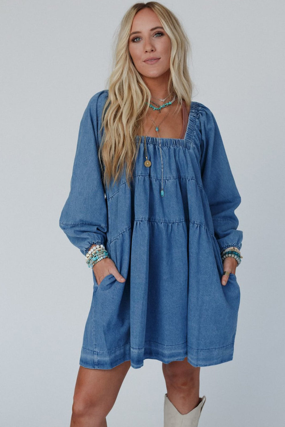Dusk Blue Square Neck Side Pockets Loose Fit Denim Mini Dress Mini Dresses JT's Designer Fashion