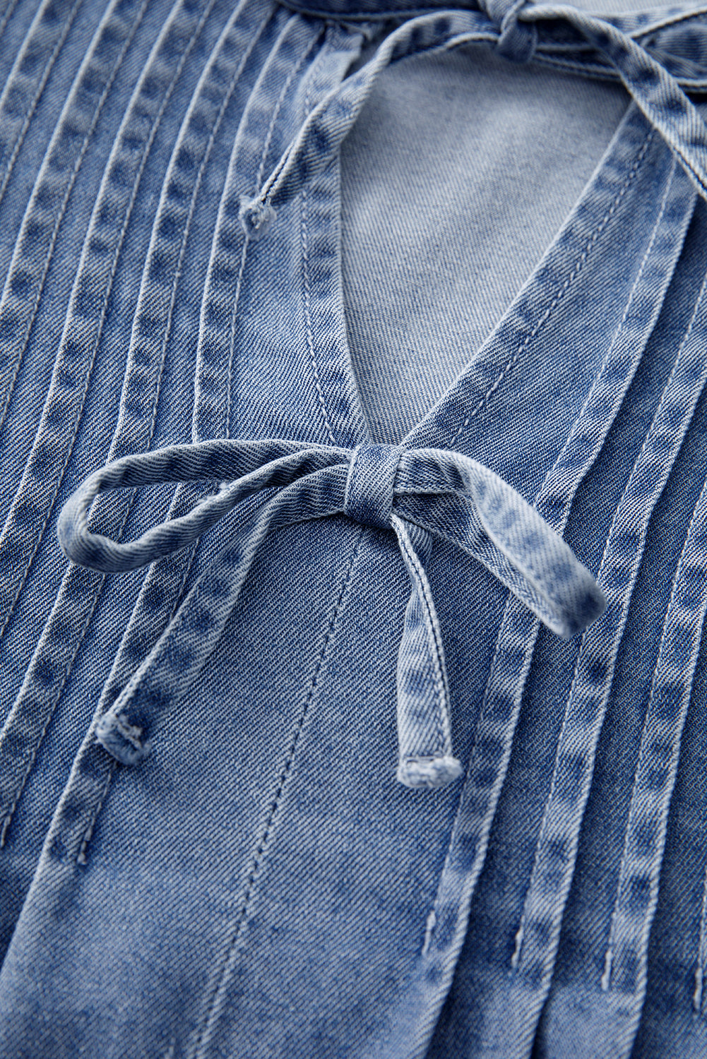 Myosotis Denim Front Pintuck Bow Tie Puff Sleeve Top Blouses & Shirts JT's Designer Fashion