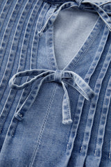 Myosotis Denim Front Pintuck Bow Tie Puff Sleeve Top Blouses & Shirts JT's Designer Fashion