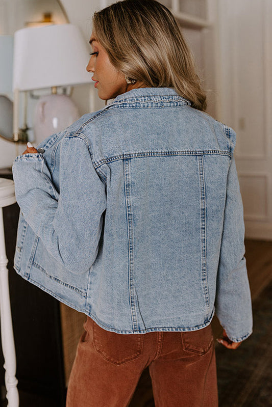 Myosotis Scallop Trim Collar Patched Pocket Button Up Denim Jacket Denim Jackets JT's Designer Fashion