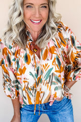 Yellow Abstract Print Drawstring Frilled V Neck 3/4 Sleeve Blouse Blouses & Shirts JT's Designer Fashion