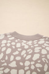 Gray Leopard Spots Pattern Ribbed Trim Drop Shoulder Sweater Sweaters JT's Designer Fashion