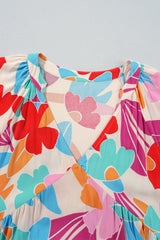 Rose Red Floral Bubble Sleeve V Neck Tiered Ruffle Babydoll Dress Floral Dresses JT's Designer Fashion