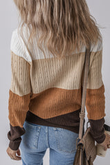 Khaki Colorblock Cable Knit Round Neck Sweater Sweaters JT's Designer Fashion