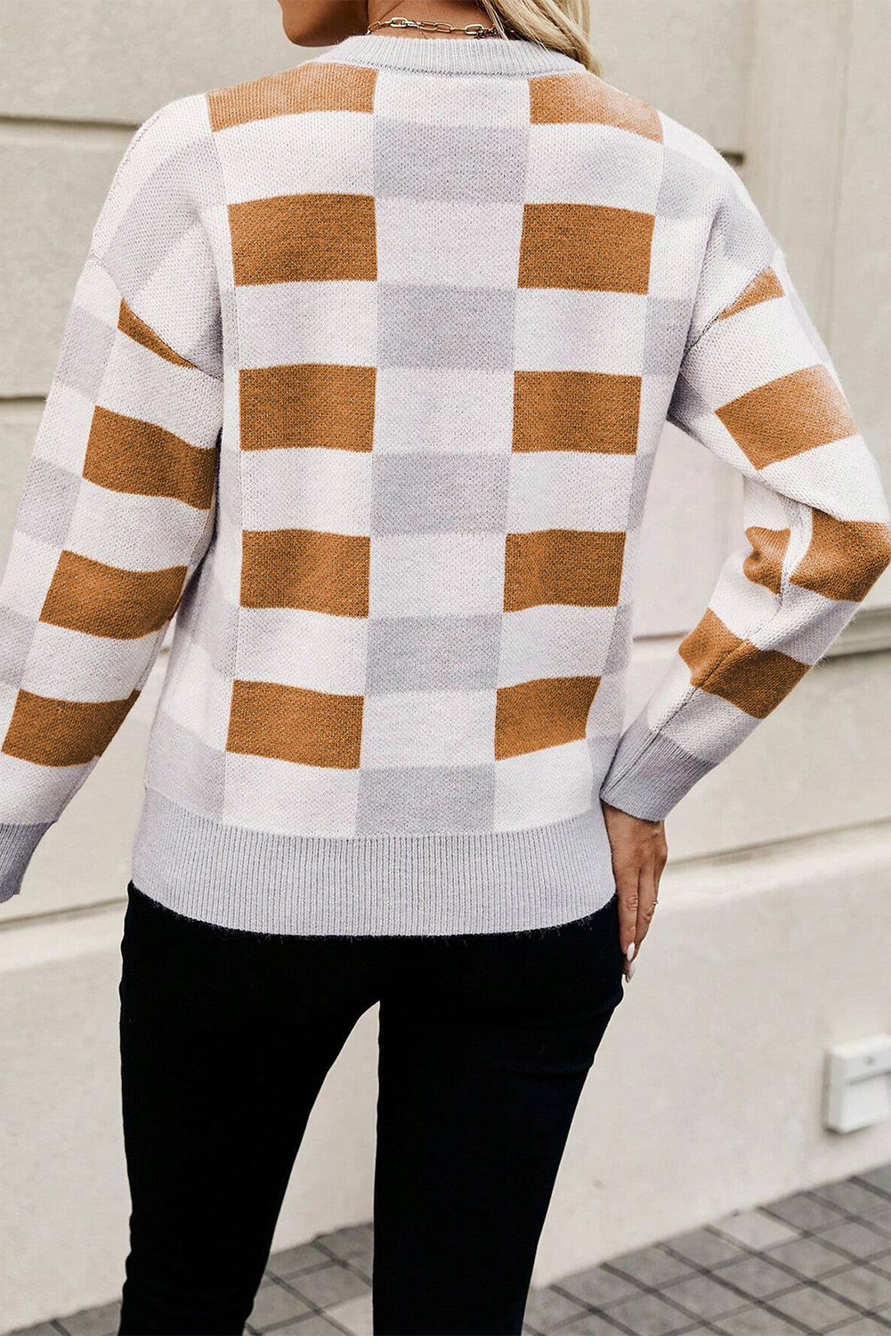 Khaki Checkered Ribbed Edge O Neck Drop Shoulder Sweater Sweaters JT's Designer Fashion