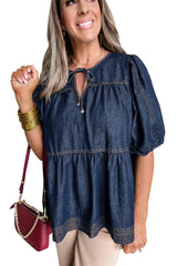 Sail Blue Puff Sleeve Lace-up Neckline Splicing Denim Blouse Blouses & Shirts JT's Designer Fashion