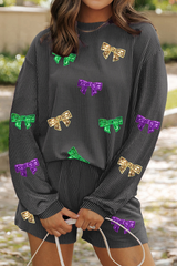 Carbon Grey Bowknot Patched Pattern Corded Long Sleeve Top and Shorts Outfit Carbon Grey 75%Polyester+20%Viscose+5%Elastane Graphic Sets JT's Designer Fashion