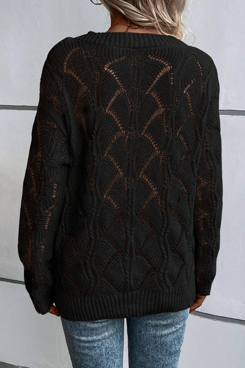 Black Hollow Out Knit V Neck Drop Shoulder Sweater Sweaters JT's Designer Fashion